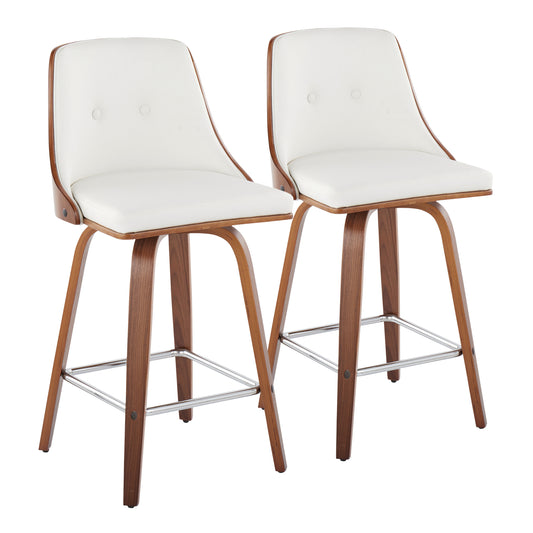 Mid-Century Modern Fixed-Height Counter Stool with Swivel in Walnut Wood and Light White Faux Leather with Square Chrome Metal Footrest  - Set of 2