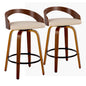 26" Mid-Century Modern Fixed-Height Counter Stool with Swivel in Walnut Wood and Cream Faux Leather with Round Black Metal Footrest  - Set of 2