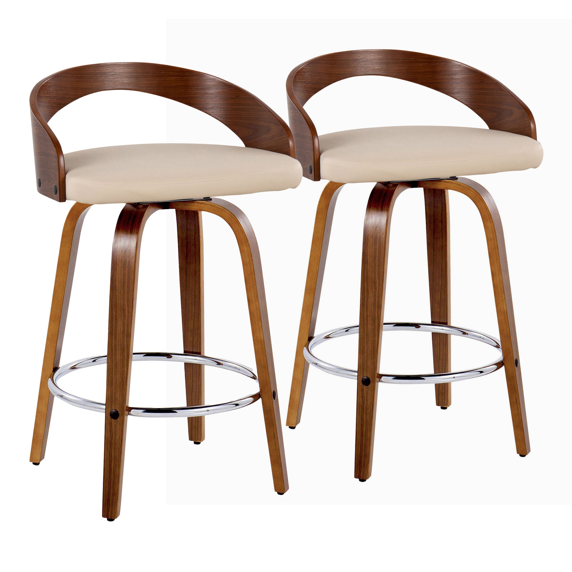 26" Mid-Century Modern Fixed-Height Counter Stool with Swivel in Walnut Wood and Cream Faux Leather with Round Chrome Metal Footrest  - Set of 2