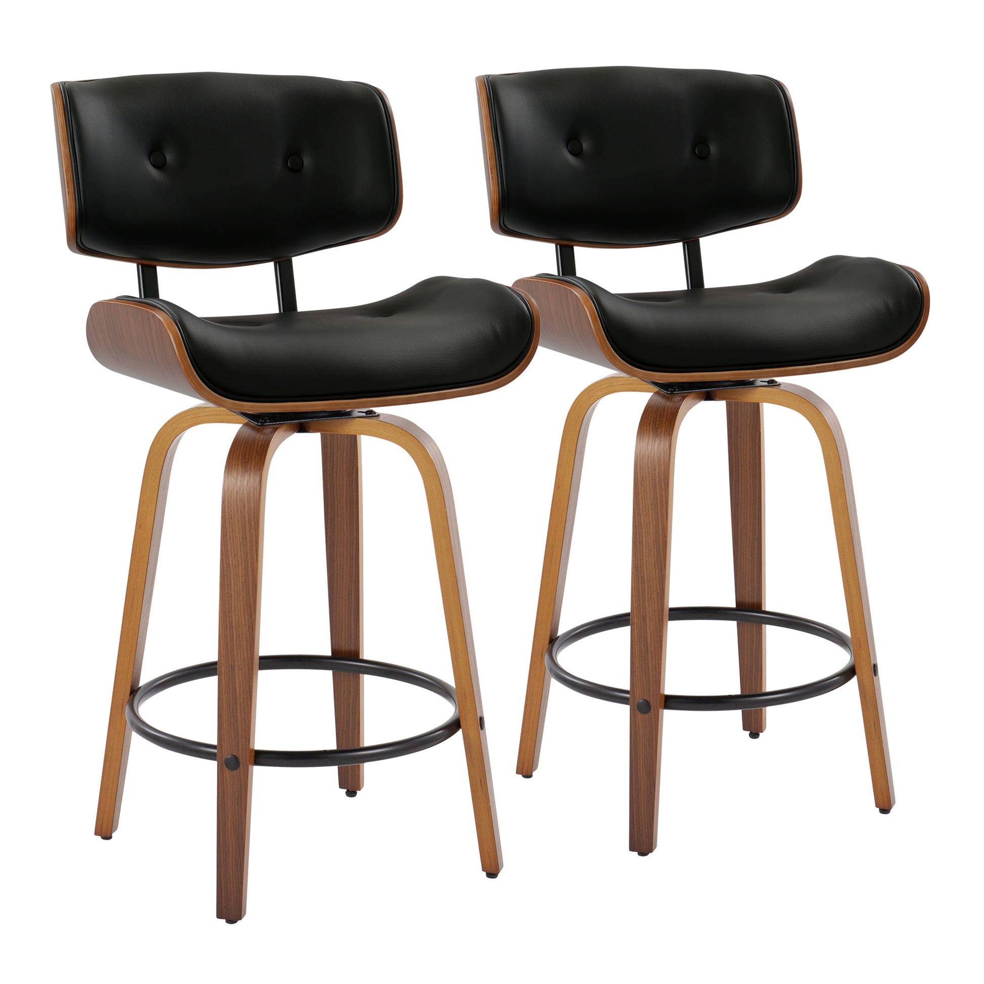 26" Mid-Century Modern Fixed-Height Counter Stool with Swivel in Walnut Wood and Black Faux Leather with Round Black Metal Footrest  - Set of 2