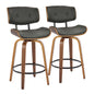 26" Mid-Century Modern Fixed-Height Counter Stool with Swivel in Walnut Wood and Grey Faux Leather with Round Black Metal Footrest  - Set of 2
