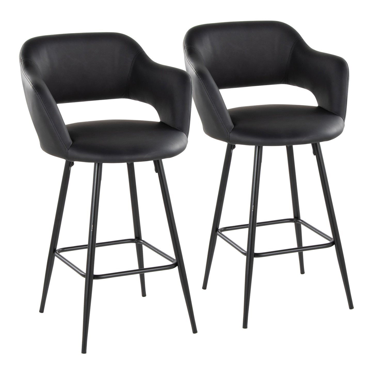 26" Contemporary Fixed-Height Counter Stool in Black Metal and Black Faux Leather with Square Black Metal Footrest  - Set of 2