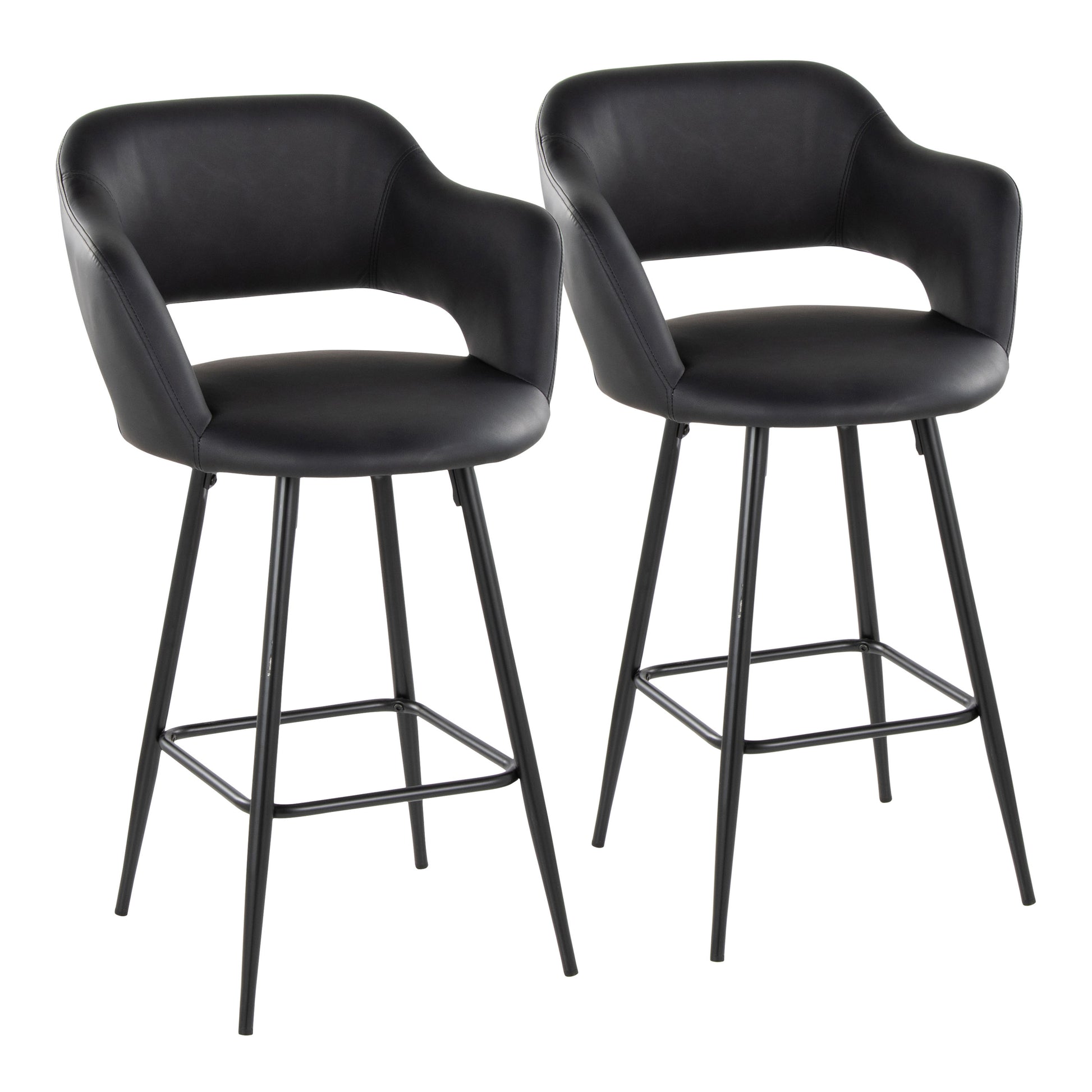 26" Contemporary Fixed-Height Counter Stool in Black Metal and Black Faux Leather with Square Black Metal Footrest  - Set of 2