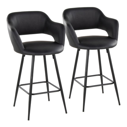 26" Contemporary Fixed-Height Counter Stool in Black Metal and Black Faux Leather with Square Black Metal Footrest  - Set of 2