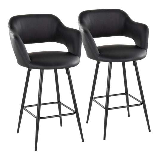 26" Contemporary Fixed-Height Counter Stool in Black Metal and Black Faux Leather with Square Black Metal Footrest  - Set of 2