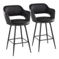26" Contemporary Fixed-Height Counter Stool in Black Metal and Black Faux Leather with Square Black Metal Footrest  - Set of 2