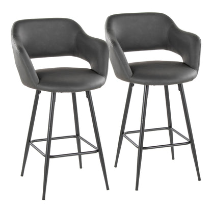 26" Contemporary Fixed-Height Counter Stool in Black Metal and Grey Faux Leather with Square Black Metal Footrest  - Set of 2