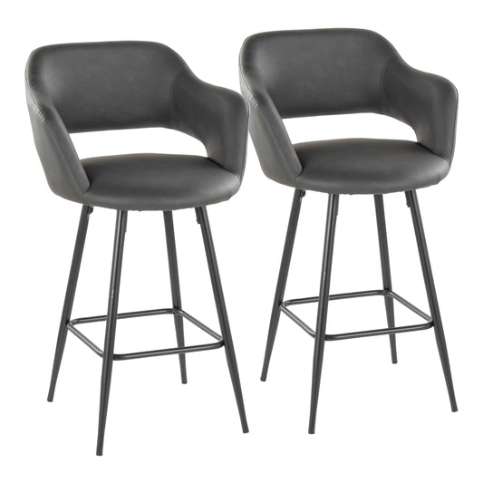 26" Contemporary Fixed-Height Counter Stool in Black Metal and Grey Faux Leather with Square Black Metal Footrest  - Set of 2