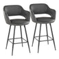 26" Contemporary Fixed-Height Counter Stool in Black Metal and Grey Faux Leather with Square Black Metal Footrest  - Set of 2