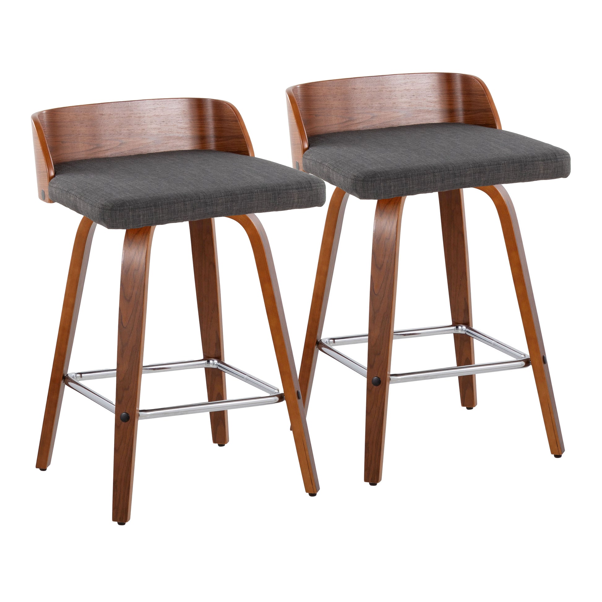 26" Mid-Century Modern Fixed-Height Counter Stool with Swivel in Walnut Wood and Charcoal Fabric with Square Chrome Metal Footrest  - Set of 2