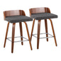 26" Mid-Century Modern Fixed-Height Counter Stool with Swivel in Walnut Wood and Charcoal Fabric with Square Chrome Metal Footrest  - Set of 2