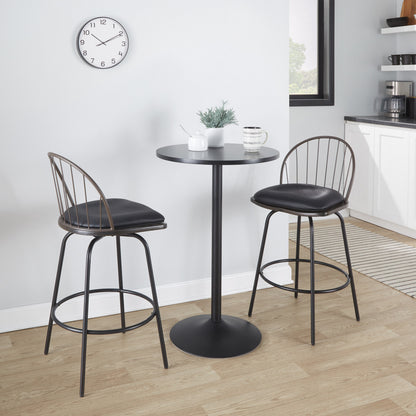 26" Fixed-Height Counter Stool with Swivel in Black Metal, Bronze Metal, Walnut Wood and Brown Faux Leather with Round Black Metal Footrest  - Set of 2
