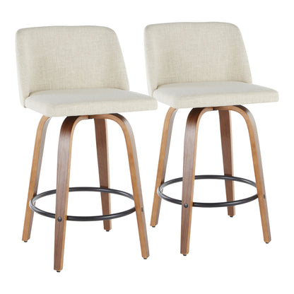 Mid-Century Modern Counter Stool in Walnut and Cream Fabric  - Set of 2