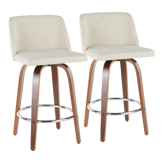 Mid-Century Modern Counter Stool in Walnut and Cream Fabric  - Set of 2