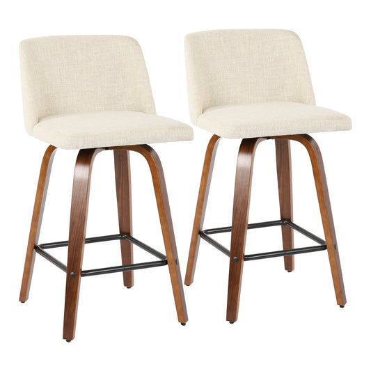 Mid-Century Modern Counter Stool in Walnut and Cream Fabric  - Set of 2