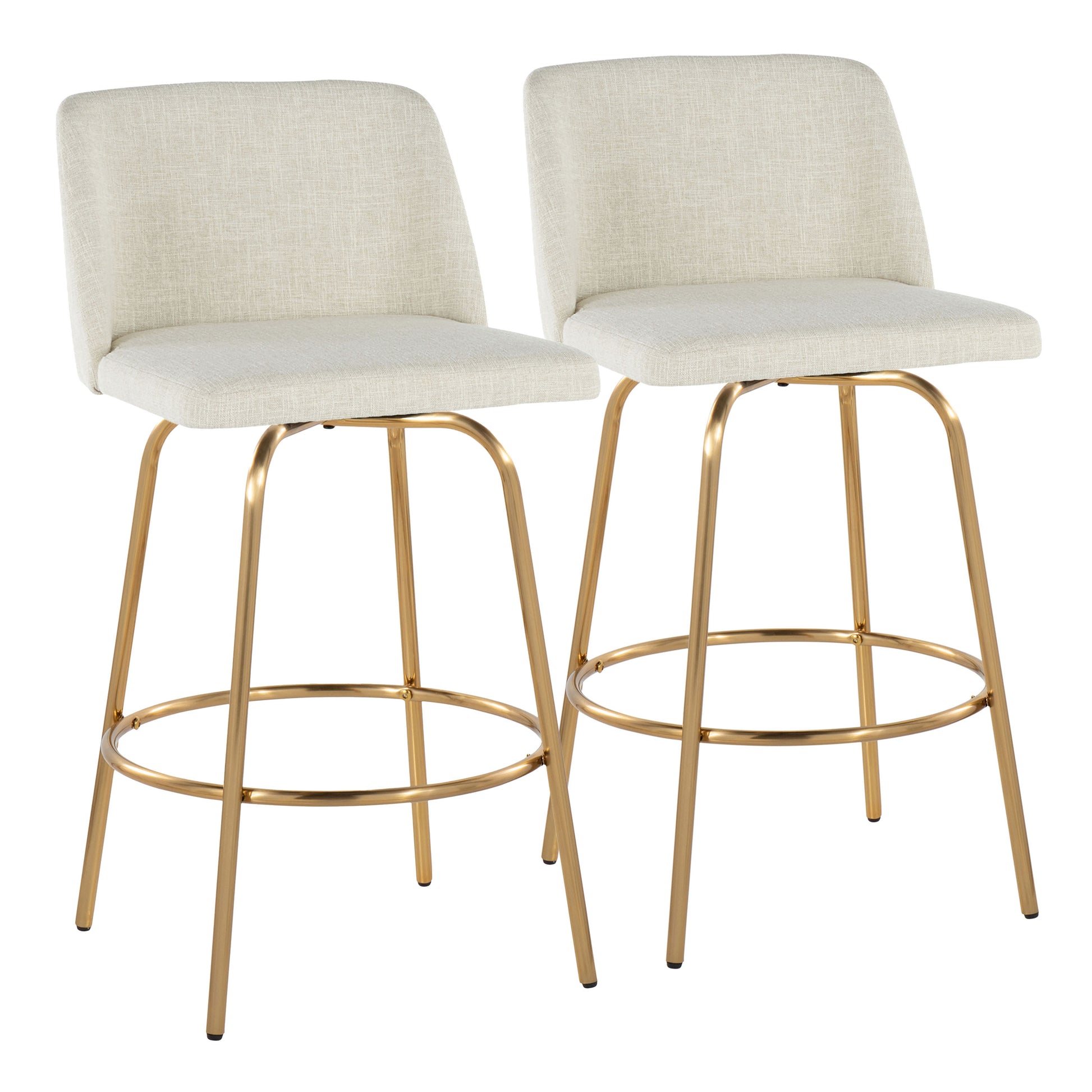 26" Contemporary Fixed-Height Counter Stool with Swivel in Cream Fabric and Gold Metal with Round Footrest  - Set of 2