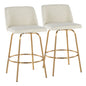 26" Contemporary Fixed-Height Counter Stool with Swivel in Cream Fabric and Gold Metal with Round Footrest  - Set of 2