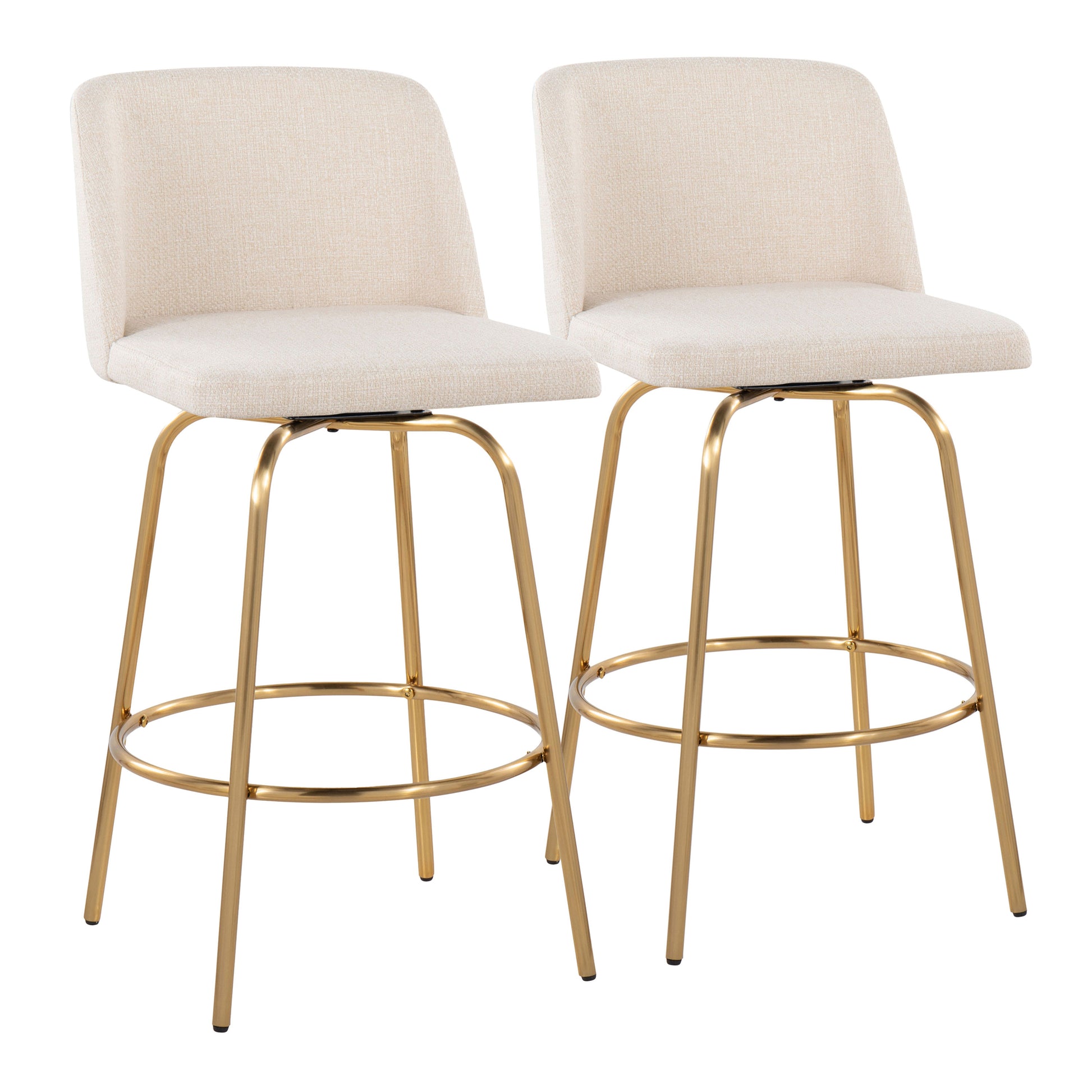 26" Contemporary Fixed-Height Counter Stool with Swivel in Cream Noise Fabric and Gold Metal with Round Footrest  - Set of 2