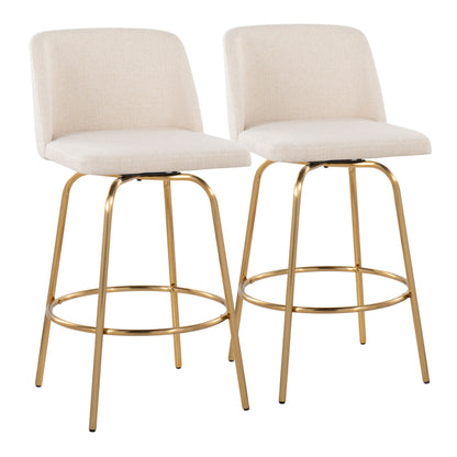 26" Contemporary Fixed-Height Counter Stool with Swivel in Cream Noise Fabric and Gold Metal with Round Footrest  - Set of 2
