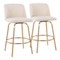 26" Contemporary Fixed-Height Counter Stool with Swivel in Cream Noise Fabric and Gold Metal with Round Footrest  - Set of 2