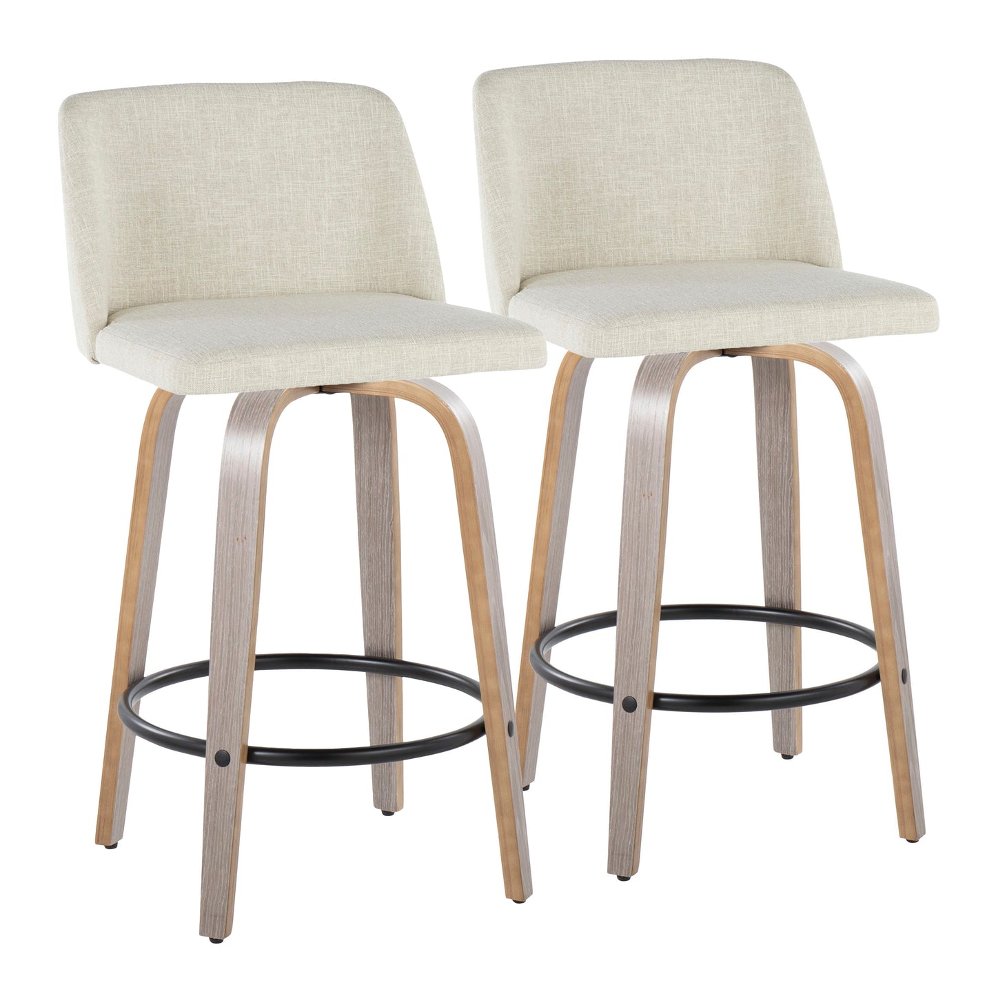 26" Contemporary Fixed-Height Counter Stool with Swivel in Light Grey Wood and Cream Fabric with Round Black Metal Footrest  - Set of 2