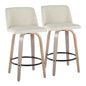 26" Contemporary Fixed-Height Counter Stool with Swivel in Light Grey Wood and Cream Fabric with Round Black Metal Footrest  - Set of 2