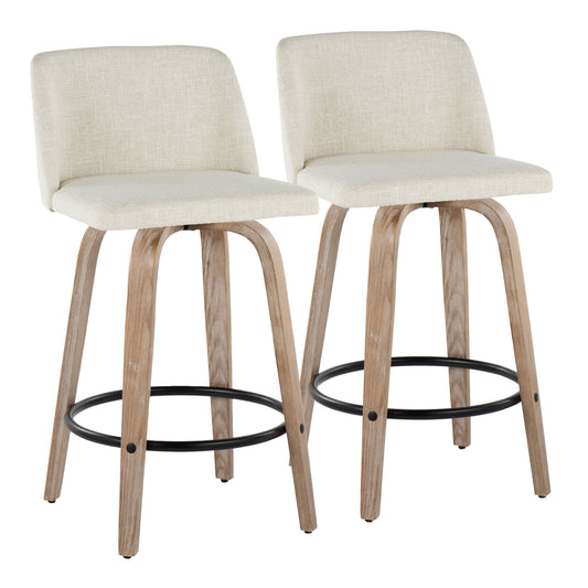 26" Contemporary Fixed-Height Counter Stool with Swivel in Whitewashed Wood and Cream Fabric with Round Black Metal Footrest  - Set of 2