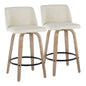 26" Contemporary Fixed-Height Counter Stool with Swivel in Whitewashed Wood and Cream Fabric with Round Black Metal Footrest  - Set of 2