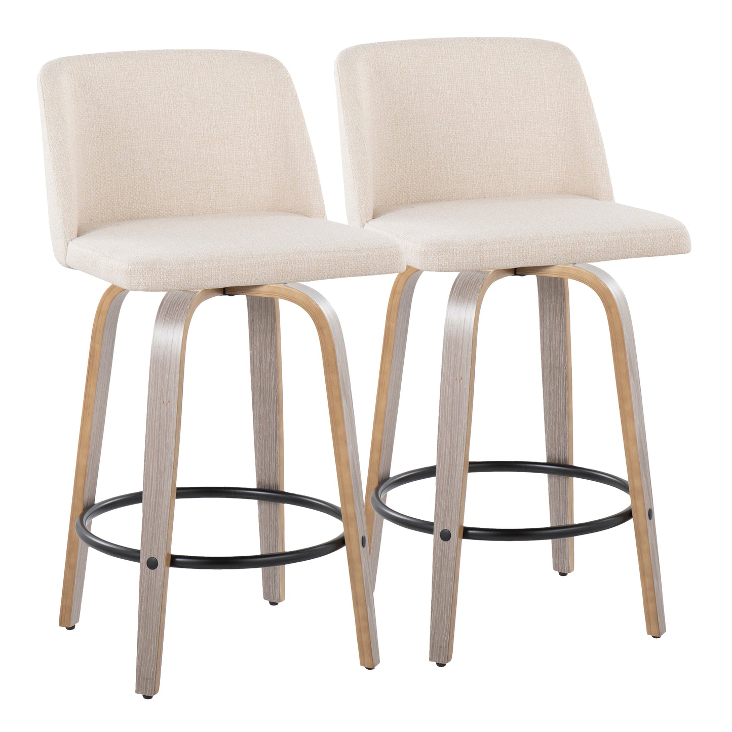 26" Contemporary Fixed Height Counter Stool with Swivel in Light Grey Wood and Cream Noise Fabric with Round Black Metal Footrest  - Set of 2