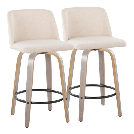 26" Contemporary Fixed Height Counter Stool with Swivel in Light Grey Wood and Cream Noise Fabric with Round Black Metal Footrest  - Set of 2