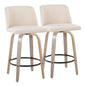 26" Contemporary Fixed Height Counter Stool with Swivel in Light Grey Wood and Cream Noise Fabric with Round Black Metal Footrest  - Set of 2