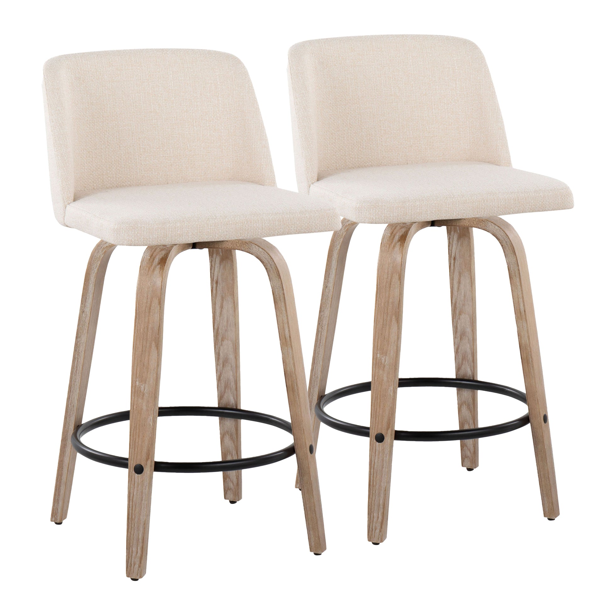 26" Mid-Century Modern Fixed Height Counter Stool with Swivel in White-Washed Wood and Cream Noise Fabric with Round Black Metal Footrest  - Set of 2