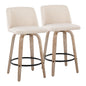 26" Mid-Century Modern Fixed Height Counter Stool with Swivel in White-Washed Wood and Cream Noise Fabric with Round Black Metal Footrest  - Set of 2