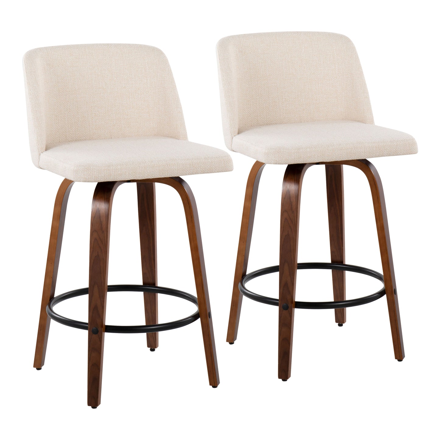 Mid-Century Modern Fixed-Height Counter Stool in Walnut Wood with Round Black Footrest and Cream Noise Fabric  - Set of 2