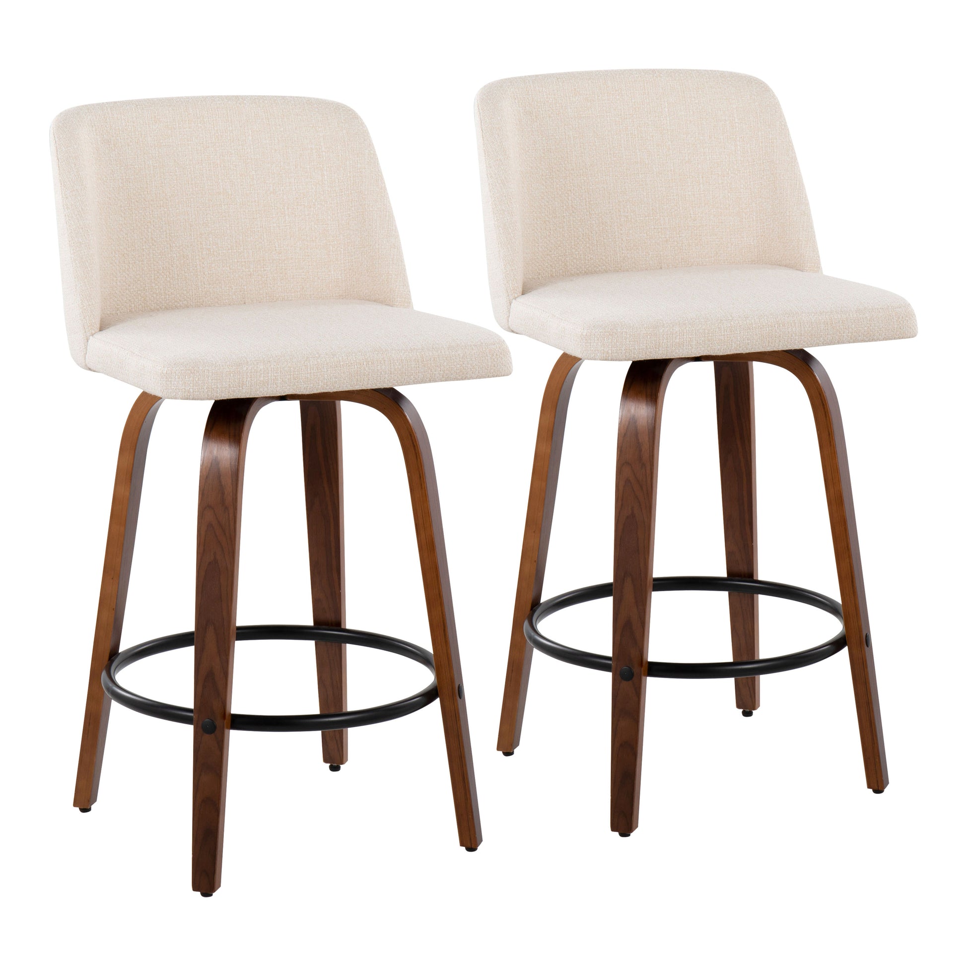 Mid-Century Modern Fixed-Height Counter Stool in Walnut Wood with Round Black Footrest and Cream Noise Fabric  - Set of 2