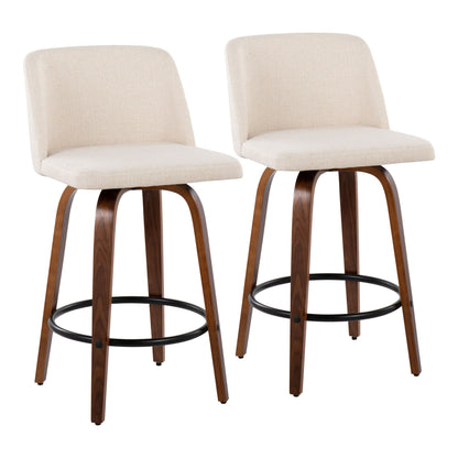 Mid-Century Modern Fixed-Height Counter Stool in Walnut Wood with Round Black Footrest and Cream Noise Fabric  - Set of 2