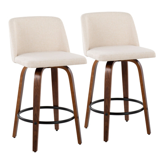 Mid-Century Modern Fixed-Height Counter Stool in Walnut Wood with Round Black Footrest and Cream Noise Fabric  - Set of 2