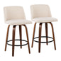 Mid-Century Modern Fixed-Height Counter Stool in Walnut Wood with Round Black Footrest and Cream Noise Fabric  - Set of 2