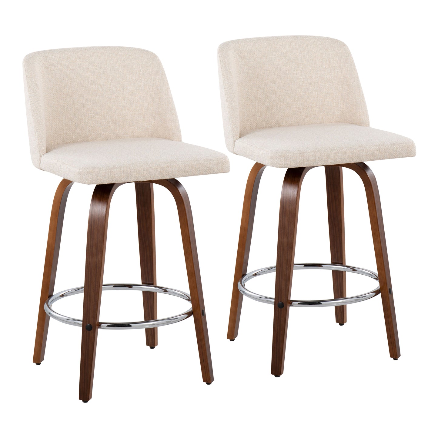 Mid-Century Modern Fixed-Height Counter Stool in Walnut Wood with Round Chrome Footrest and Cream Noise Fabric  - Set of 2