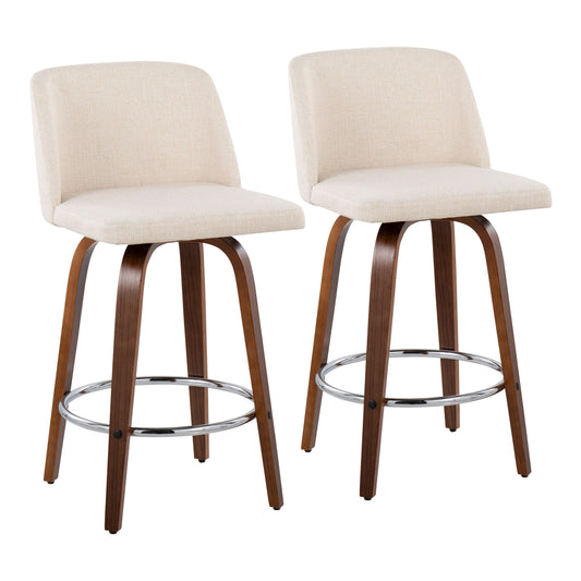 Mid-Century Modern Fixed-Height Counter Stool in Walnut Wood with Round Chrome Footrest and Cream Noise Fabric  - Set of 2