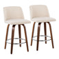 Mid-Century Modern Fixed-Height Counter Stool in Walnut Wood with Round Chrome Footrest and Cream Noise Fabric  - Set of 2