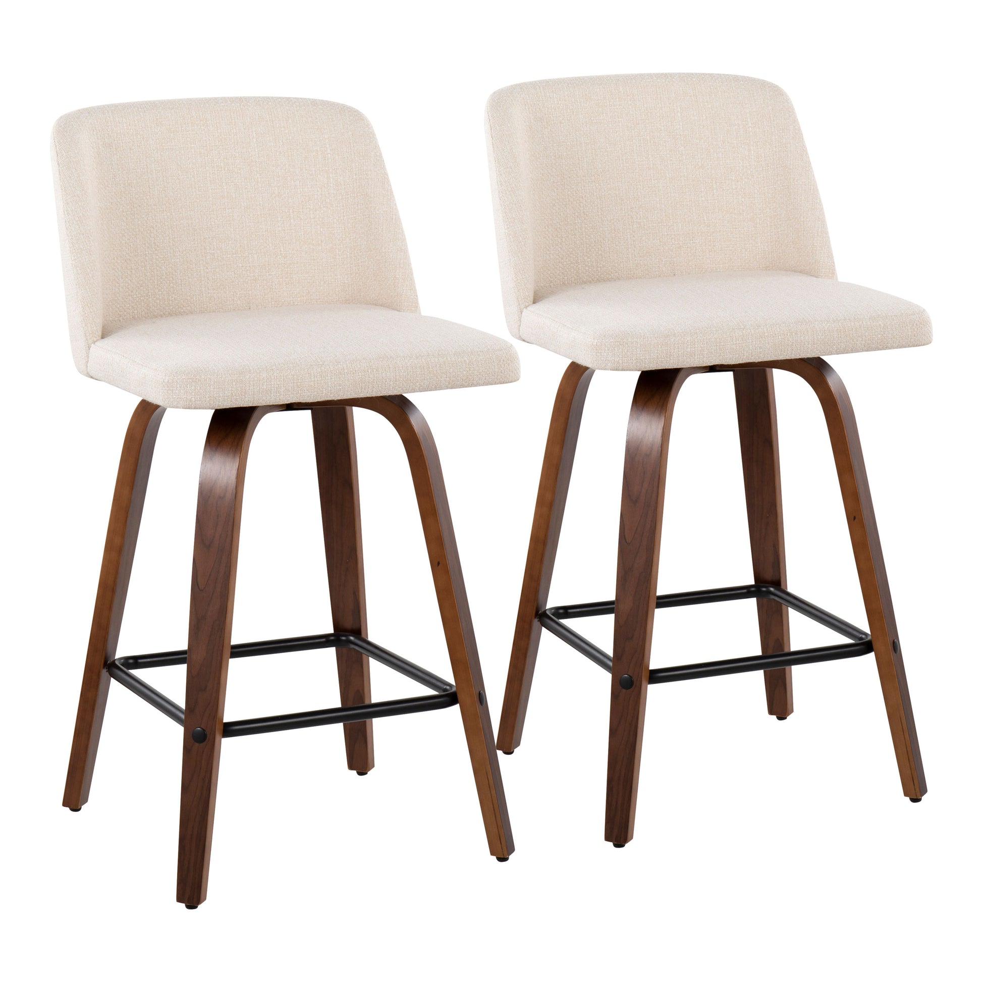Mid-Century Modern Fixed-Height Counter Stool in Walnut Wood with Square Black Footrest and Cream Noise Fabric  - Set of 2