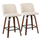 Mid-Century Modern Fixed-Height Counter Stool in Walnut Wood with Square Black Footrest and Cream Noise Fabric  - Set of 2
