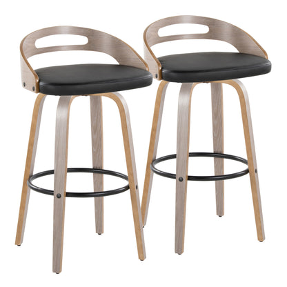 30" Mid-Century Modern Fixed-Height Barstool with Swivel in Light Grey Wood and Black Faux Leather with Round Black Metal Footrest  - Set of 2
