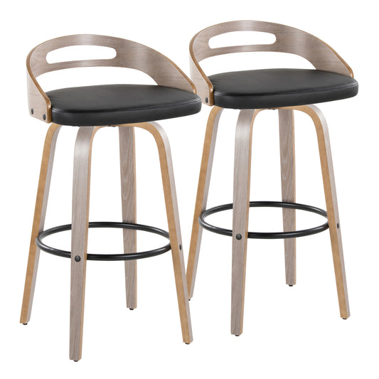 30" Mid-Century Modern Fixed-Height Barstool with Swivel in Light Grey Wood and Black Faux Leather with Round Black Metal Footrest  - Set of 2