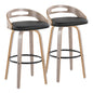 30" Mid-Century Modern Fixed-Height Barstool with Swivel in Light Grey Wood and Black Faux Leather with Round Black Metal Footrest  - Set of 2