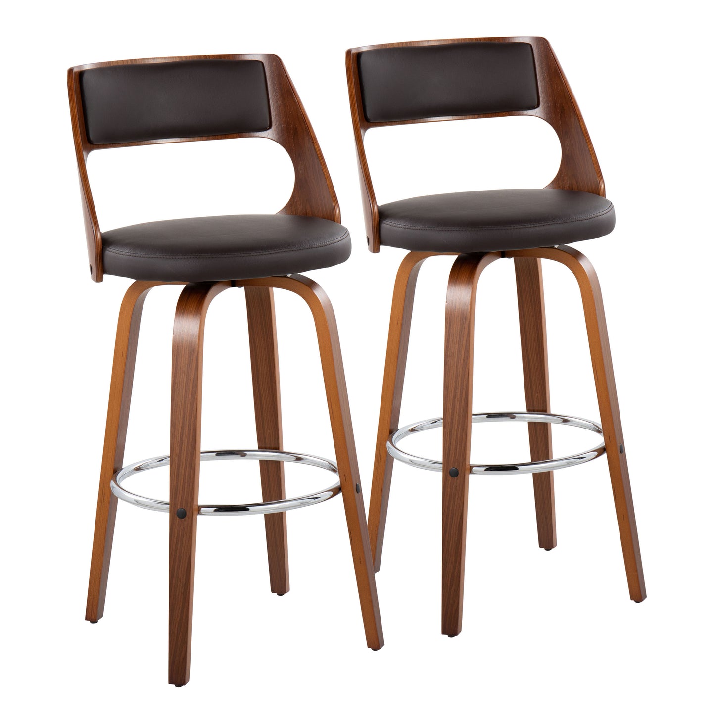 Mid-Century Modern Barstool with Swivel in Walnut and Brown Faux Leather  - Set of 2