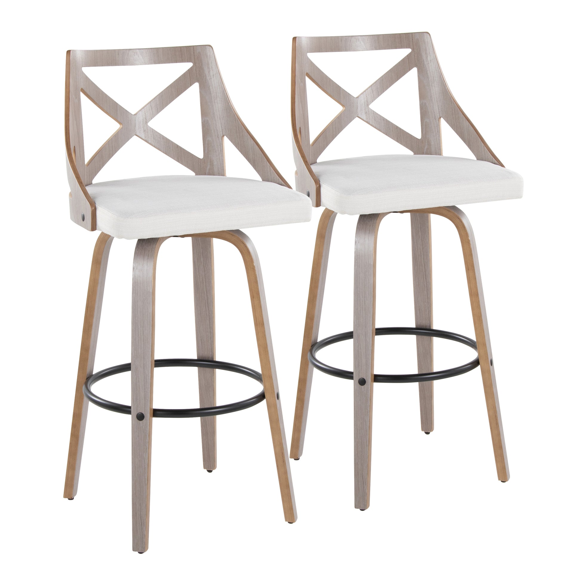 30" Fixed-Height Barstool with Swivel in Light Grey Wood and Cream Noise Fabric with Round Black Metal Footrest  - Set of 2