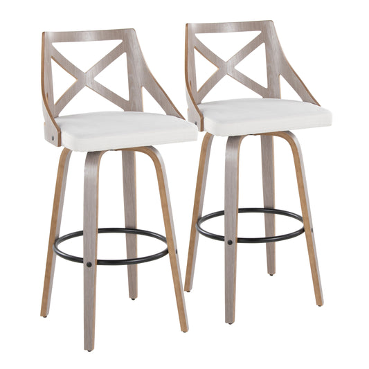 30" Fixed-Height Barstool with Swivel in Light Grey Wood and Cream Noise Fabric with Round Black Metal Footrest  - Set of 2