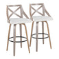 30" Fixed-Height Barstool with Swivel in Light Grey Wood and Cream Noise Fabric with Round Black Metal Footrest  - Set of 2